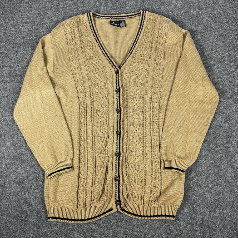 VTG Liz Claiborne Cable Knit Cardigan Sweater Grandma Vibe Shoulder Pads Tan L
